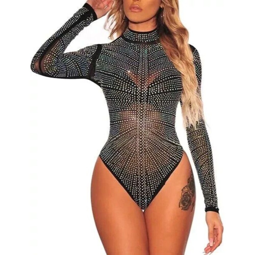Women's Neva Nude Toxic Sparkle Crystal One Piece Bodysuit, Size L - Black